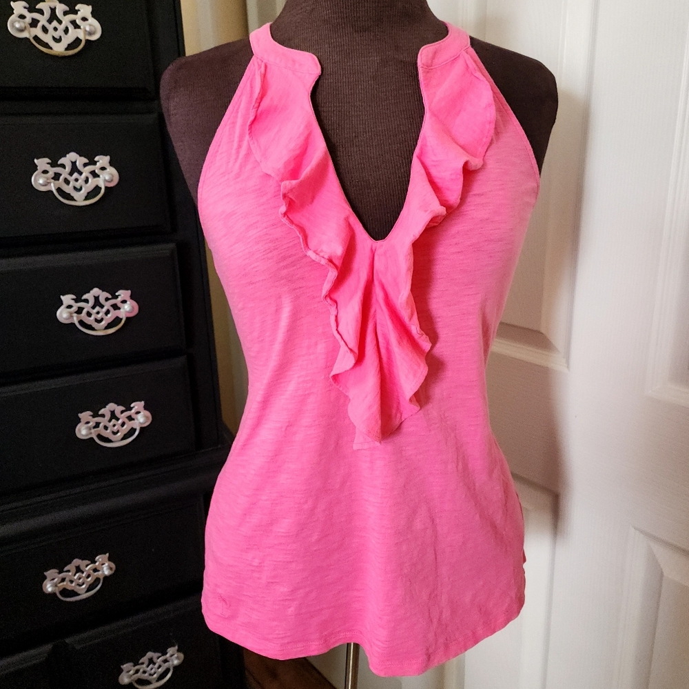 LILLY PULITZER Pima Cotton Ruffled V-Neck Tank Top - Pink - Medium